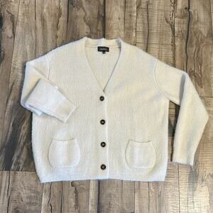4Si3NNA Women Large White Long Sleeve Button Cardigan Sweater Fuzzy Ribbed Basic